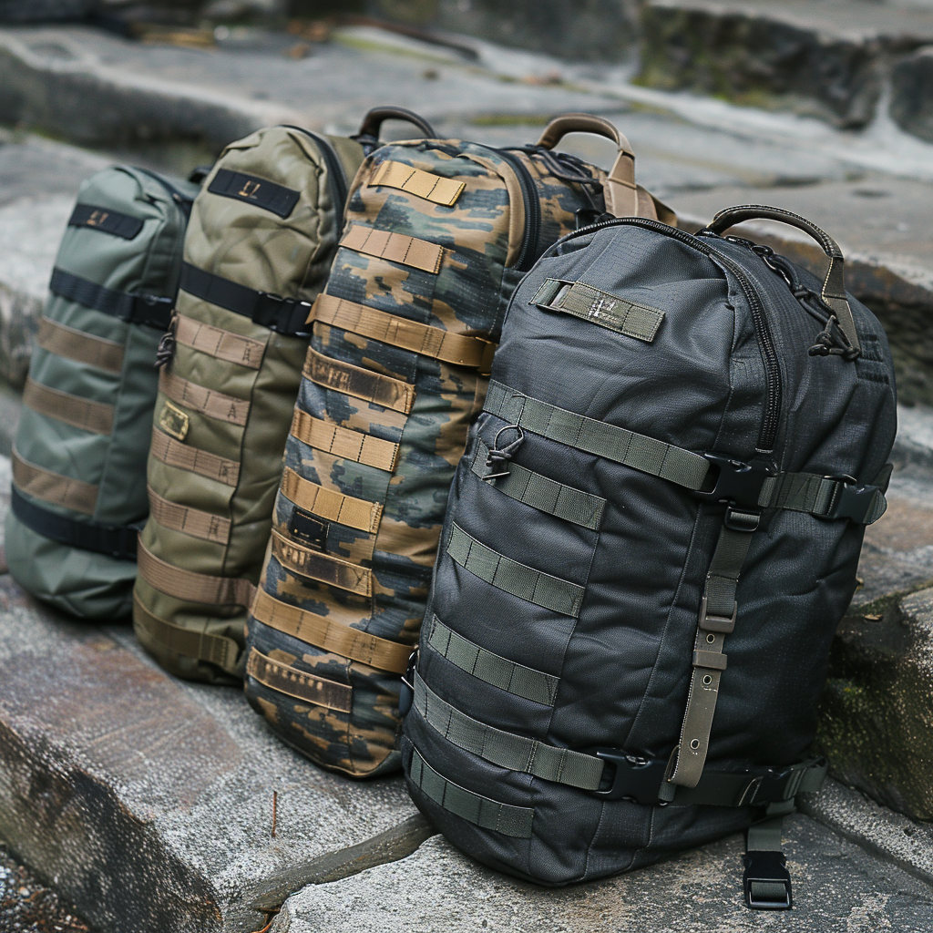Robuste outdoortasker i camouflage og naturfarver med stropper og MOLLE-system – klar til ture i skov og by
