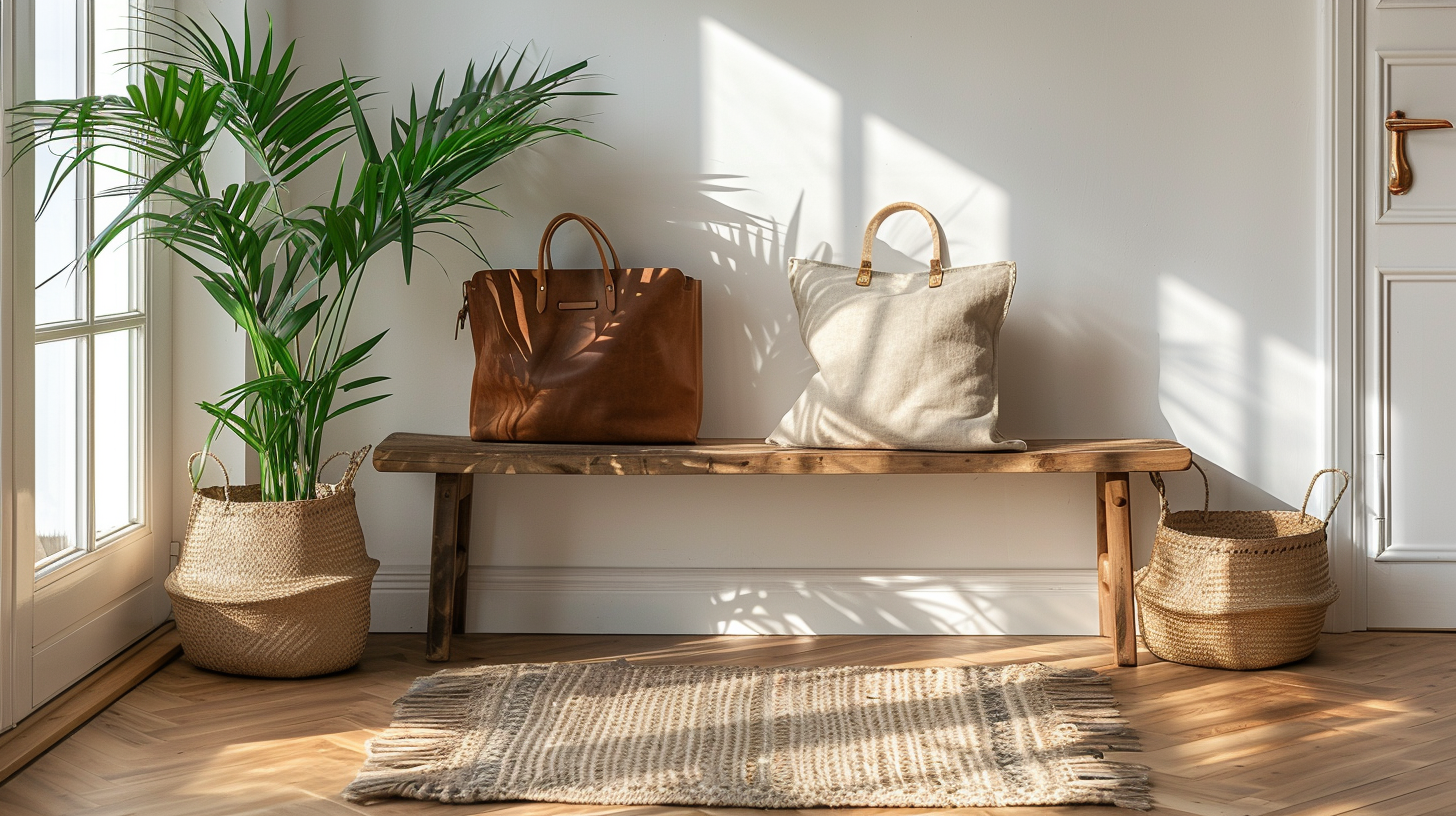 Lædertaske og pude i naturlige tekstiler på træbænk ved vindue – roligt interiør med funktionelle accessories
