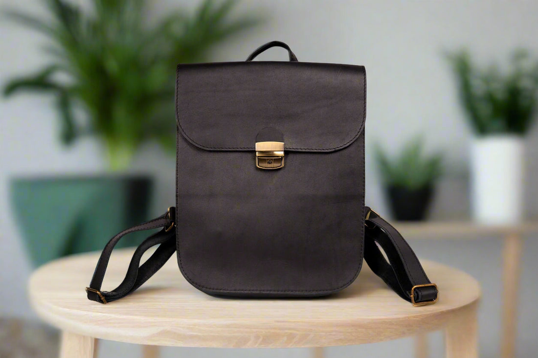 Natural Leather Saddle Backpack - Black